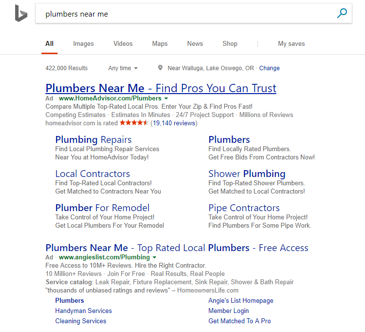Bing Ads results page