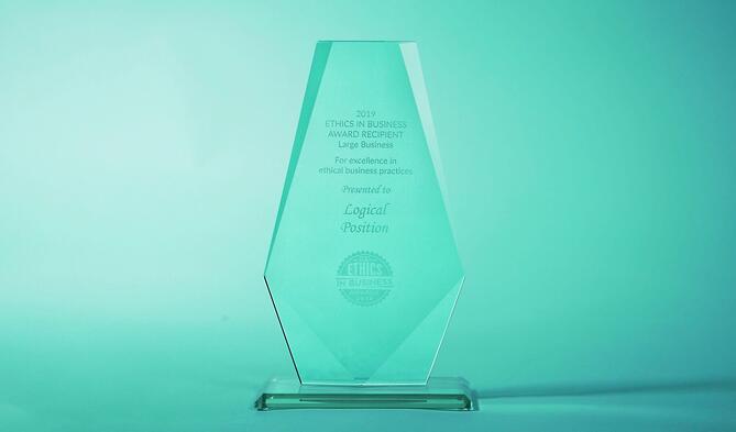 Close-up of Logical Position's 2019 Ethics in Business Award.