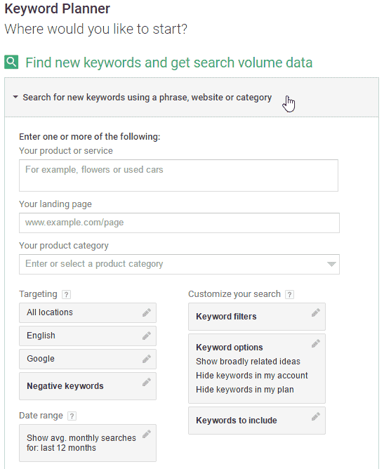 Enter keywords into the planner to begin your research
