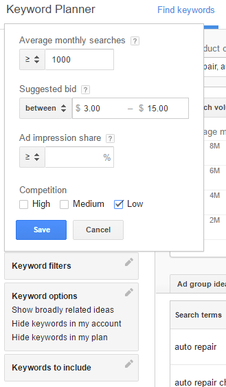 Customize your keyword research by bids, impression share and competition level