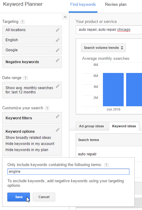 Customize your keyword research to include specific terms to your keyword