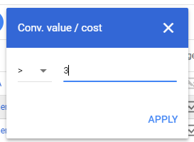 Setting parameters for an AdWords filter.